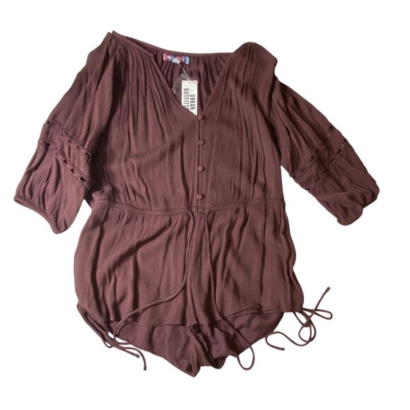 Urban Outfitters Brown Romper S V-Neck Button-Front Lace Sleeve Tie Waist 100% V - Picture 1 of 12